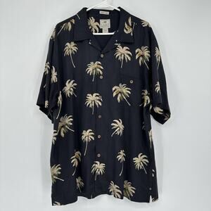Luau Shirt Mens Large Black 100% Silk Hawaiian Aloha Palm Tree Print Button Up